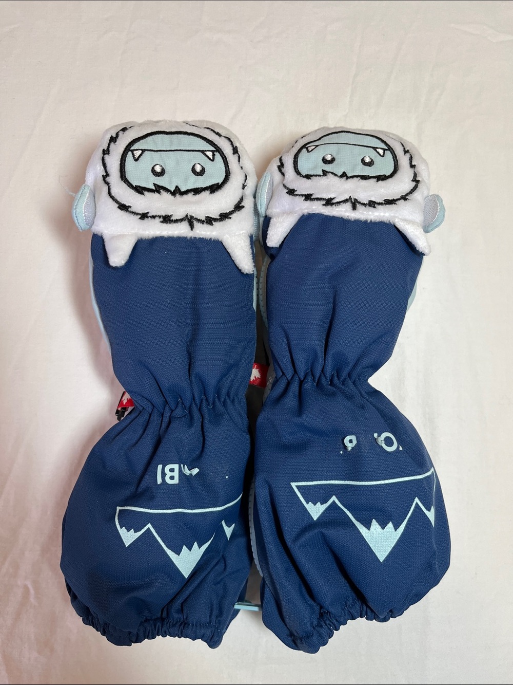 Kombi Navy and Light Blue Kids Mittens with Yeti Patch, size medium (4/5yr)